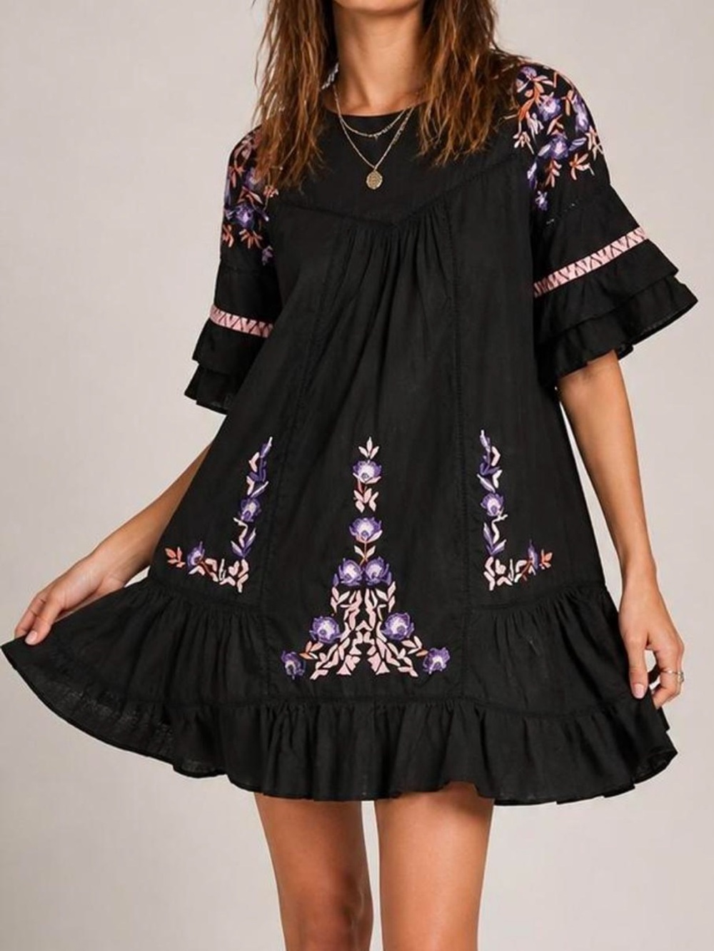 Free People Embroidered Pavlo Mini Dress with Purple & Pink Floral Embroidery
